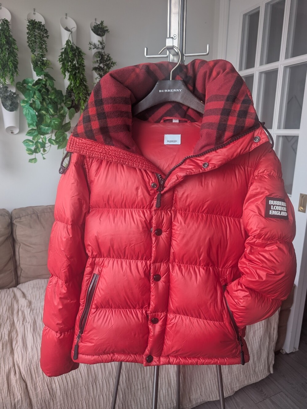 Burberry Convertible Red Quilted Down Puffer Jacket, Men's, Size Small